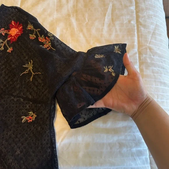 Anthropologie Maeve Black Sheer Blouse with Red Floral Embroidery - Picture 4 of 10